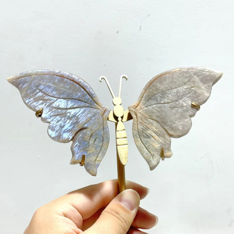 6 Pairs Sunstone Mixed Moonstone Butterfly Wing Carving With Stand - Image 2