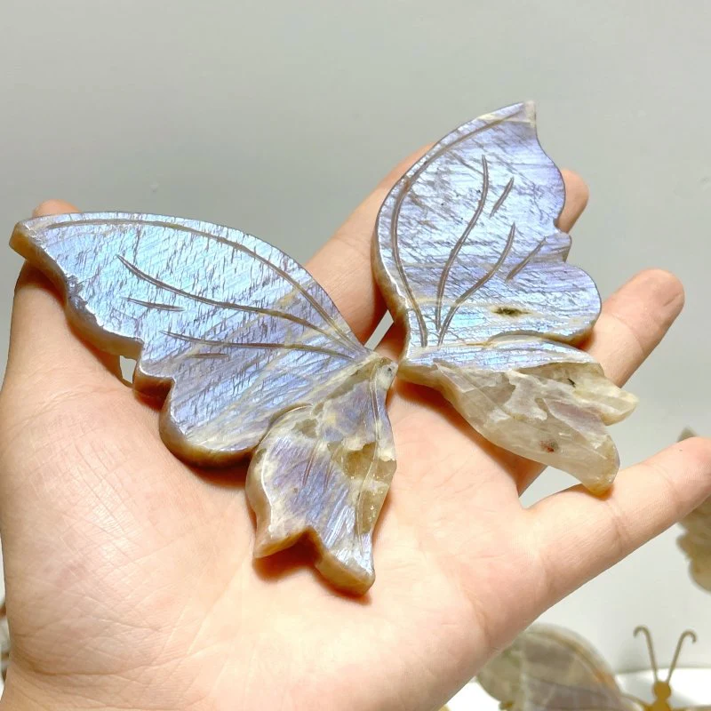 6 Pairs Sunstone Mixed Moonstone Butterfly Wing Carving With Stand - Image 3