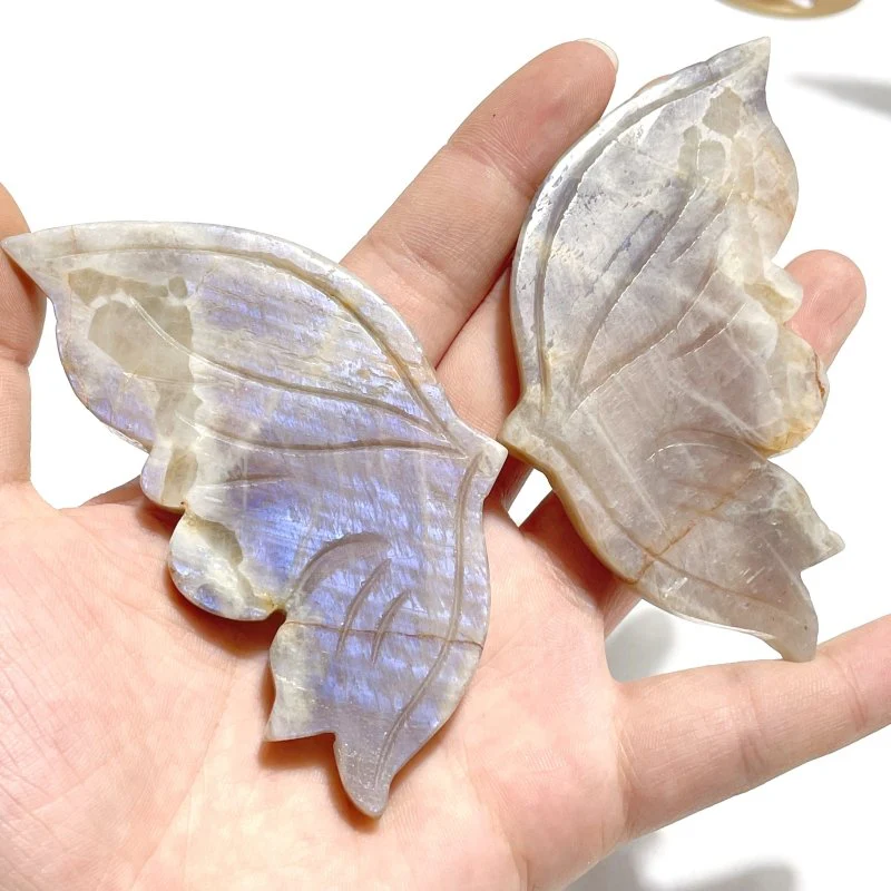 6 Pairs Sunstone Mixed Moonstone Butterfly Wing Carving With Stand - Image 6