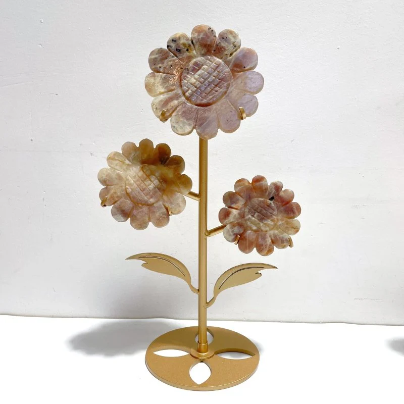 2 Pairs Sunstone Mixed Moonstone Sunflower Carving With Stand - Image 2