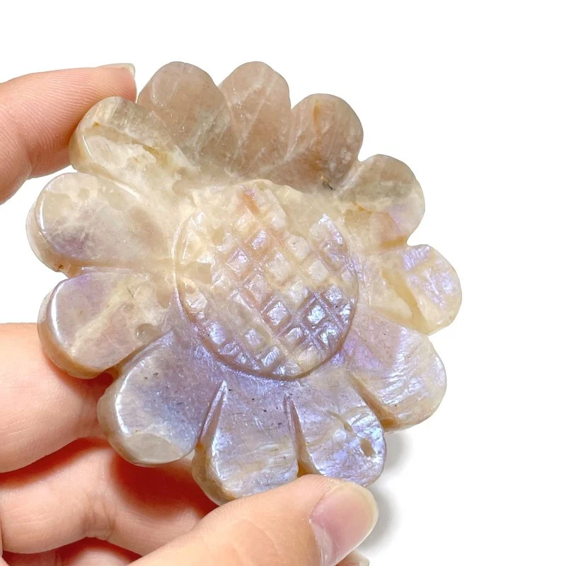 2 Pairs Sunstone Mixed Moonstone Sunflower Carving With Stand - Image 4