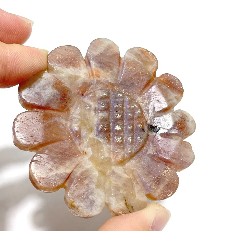 2 Pairs Sunstone Mixed Moonstone Sunflower Carving With Stand - Image 5