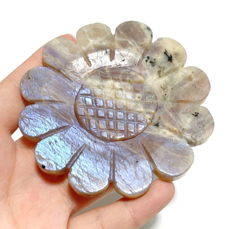 2 Pairs Sunstone Mixed Moonstone Sunflower Carving With Stand - Image 6