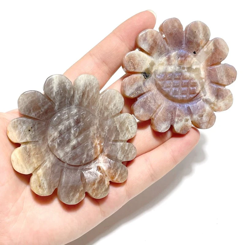 2 Pairs Sunstone Mixed Moonstone Sunflower Carving With Stand - Image 7