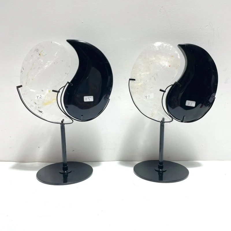 4 Pairs Taijitu Symbol With Stand Clear Quartz Obsidian Sodalite Fire Quartz