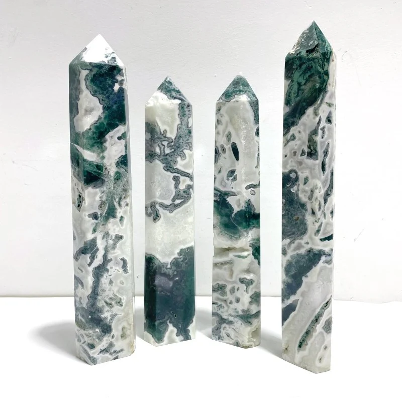 4 Pieces Tall Geode Druzy Moss Agate Tower Points