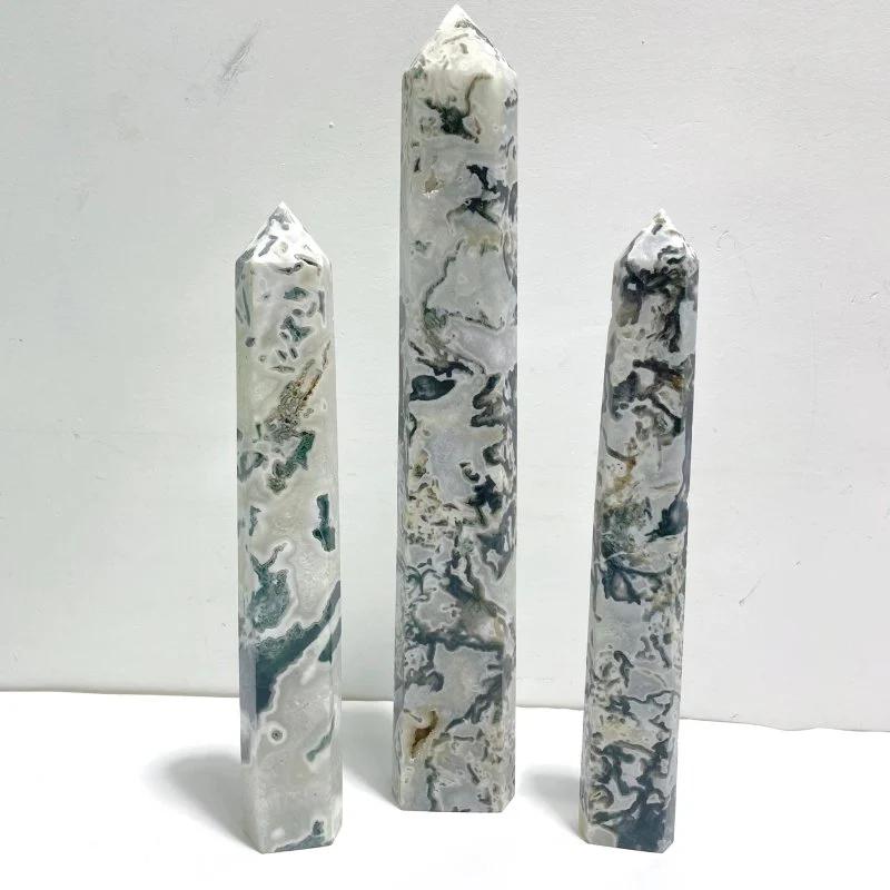 3 Pieces Tall Geode Druzy White Moss Agate Tower Points