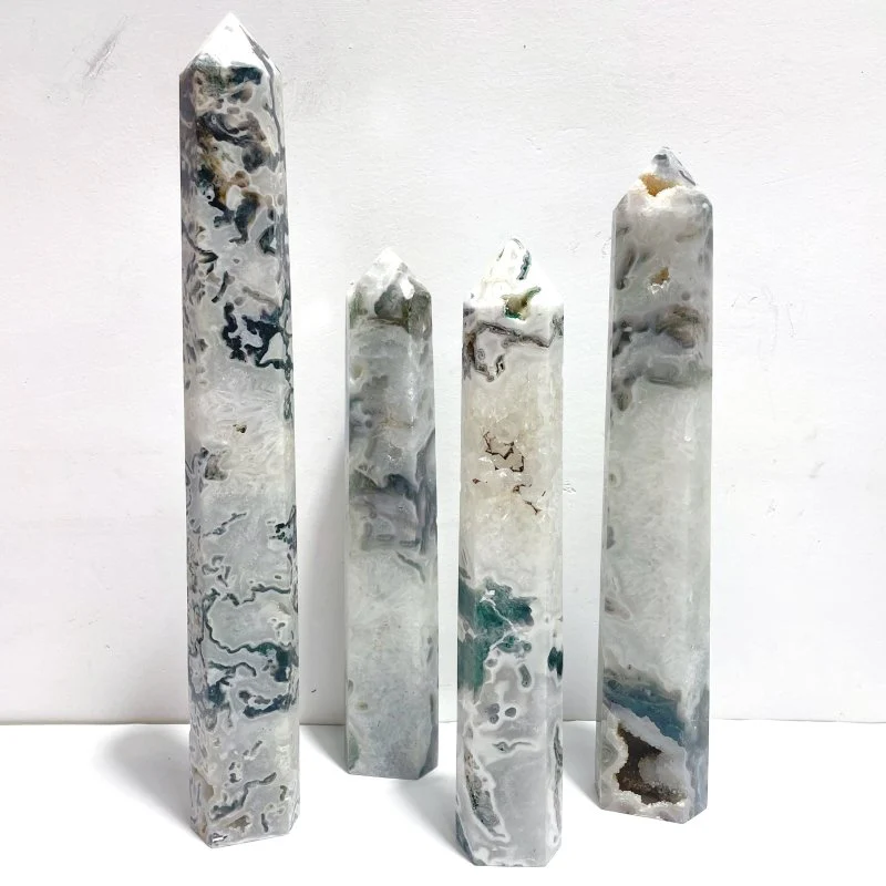 4 Pieces Tall Geode Druzy White Moss Agate Tower Points