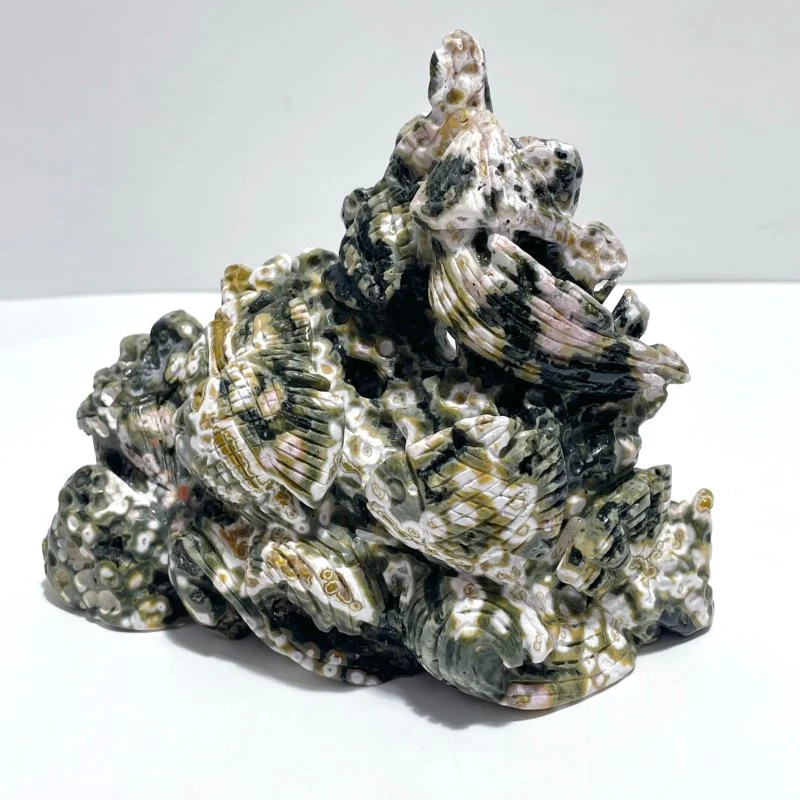 Unique 8th Vein Ocean Jasper Cluster of Fish Carving - Image 2