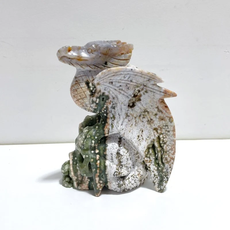 8th Vein Ocean Jasper Flying Dragon With Skull Carving