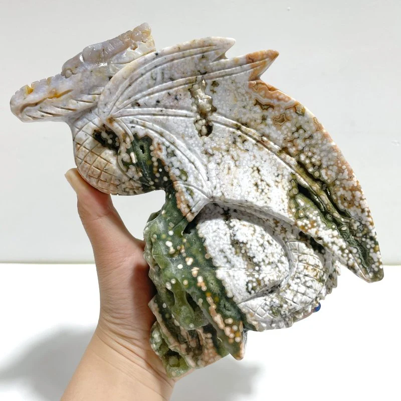 8th Vein Ocean Jasper Flying Dragon With Skull Carving - Image 5