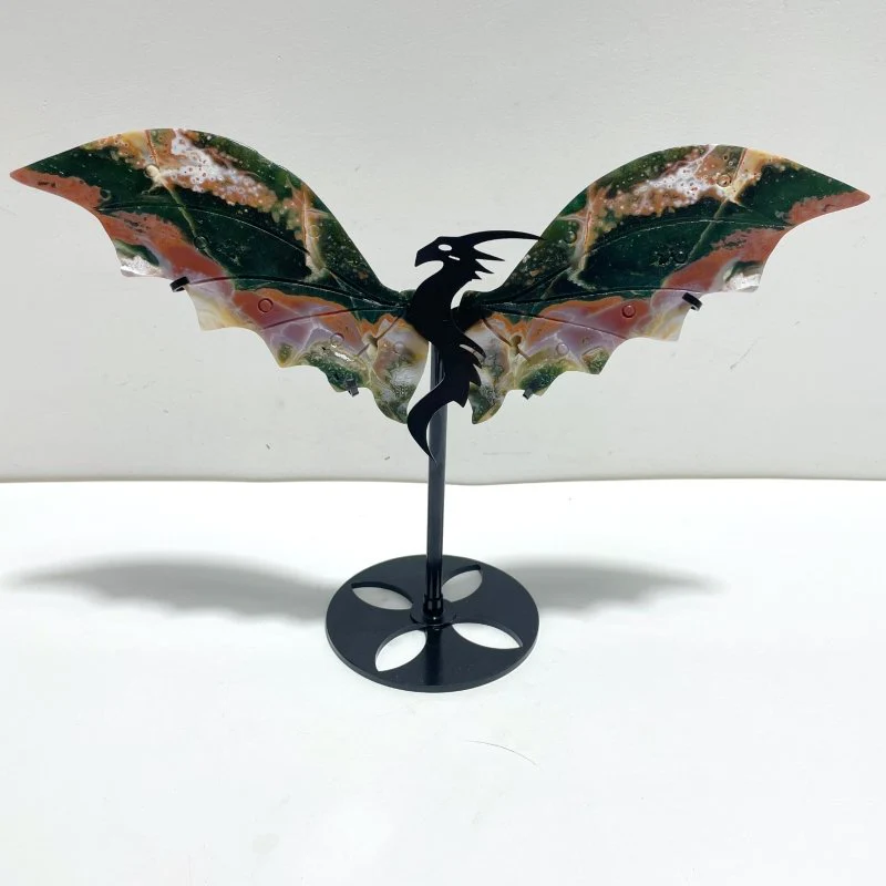 Unique 8th Vein Ocean Jasper Flying Dragon Wing Carving With Stand