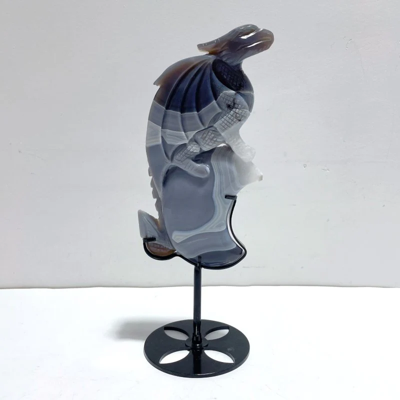 Unique Agate Flying Dragon Moon Carving With Stand