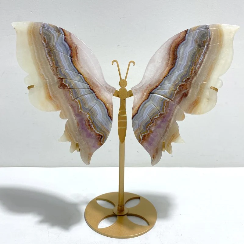 Unique Stripe Agate Mixed Amethyst Butterfly Wing Carving With Stand