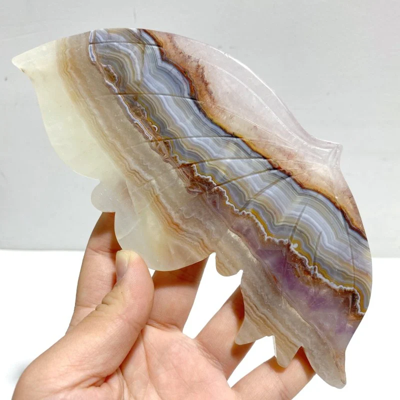Unique Stripe Agate Mixed Amethyst Butterfly Wing Carving With Stand - Image 3