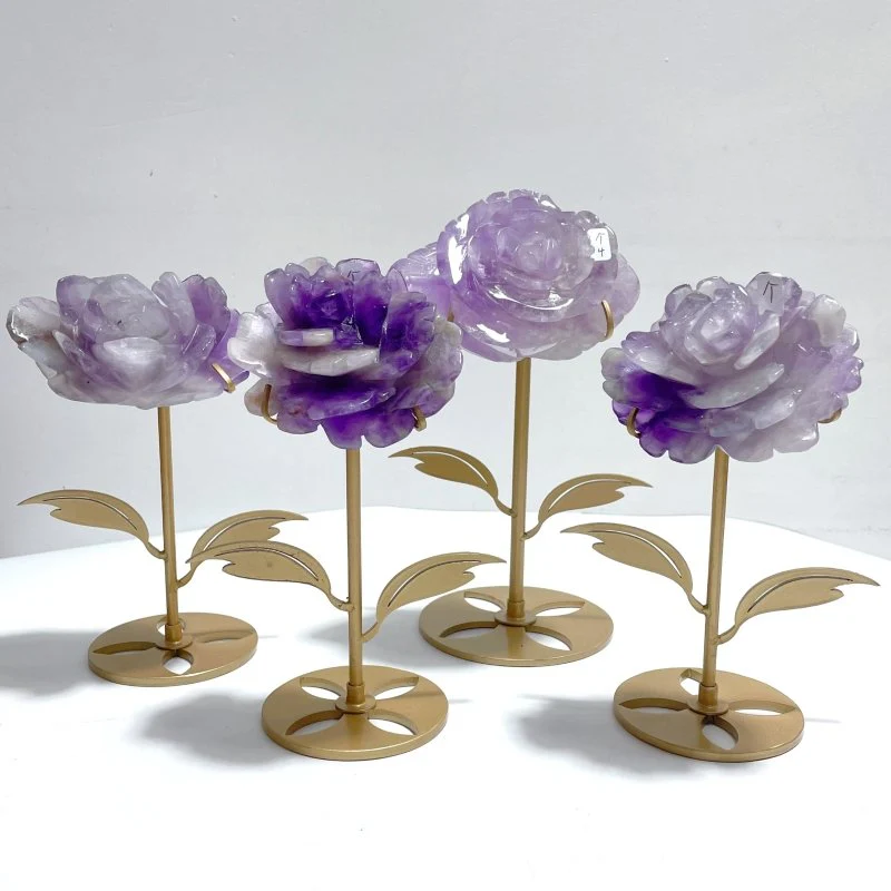 4 Pairs Unique Amethyst Flower Carving With Stand