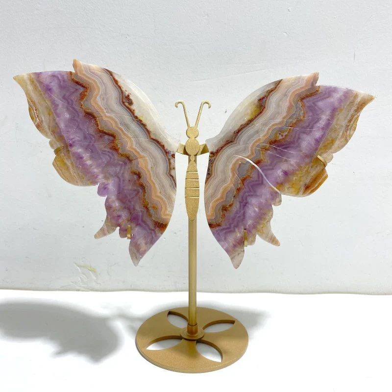 Unique Amethyst Mixed Agate Butterfly Wing Carving With Stand