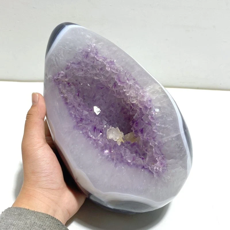 Unique Amethyst Mixed Geode Agate Calcite Dinosaur Egg Home Decor With Stand - Image 5