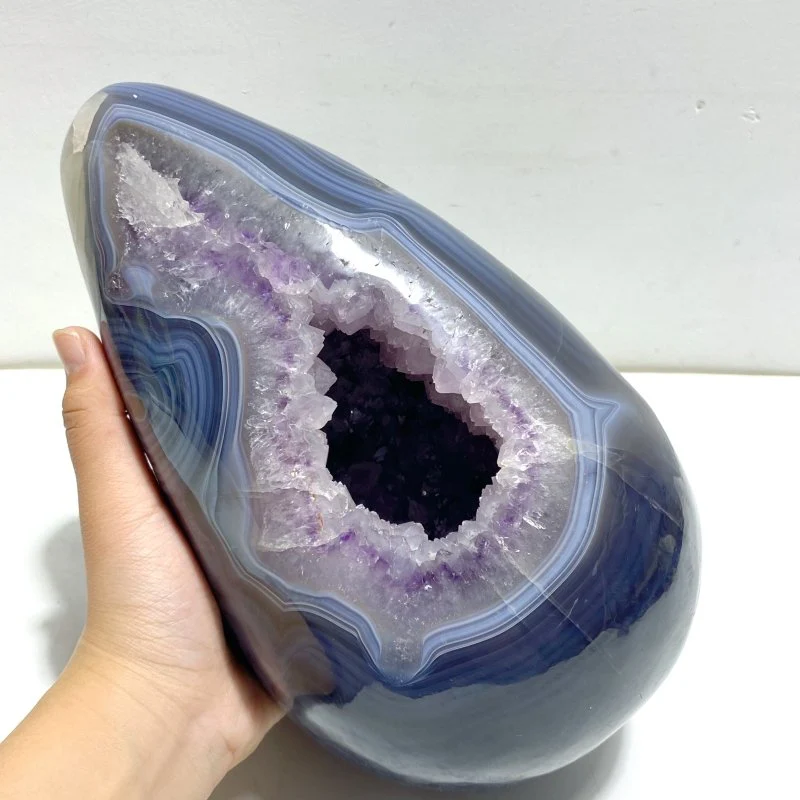 Unique Amethyst Mixed Geode Agate Calcite Dinosaur Egg Shape With Stand - Image 4