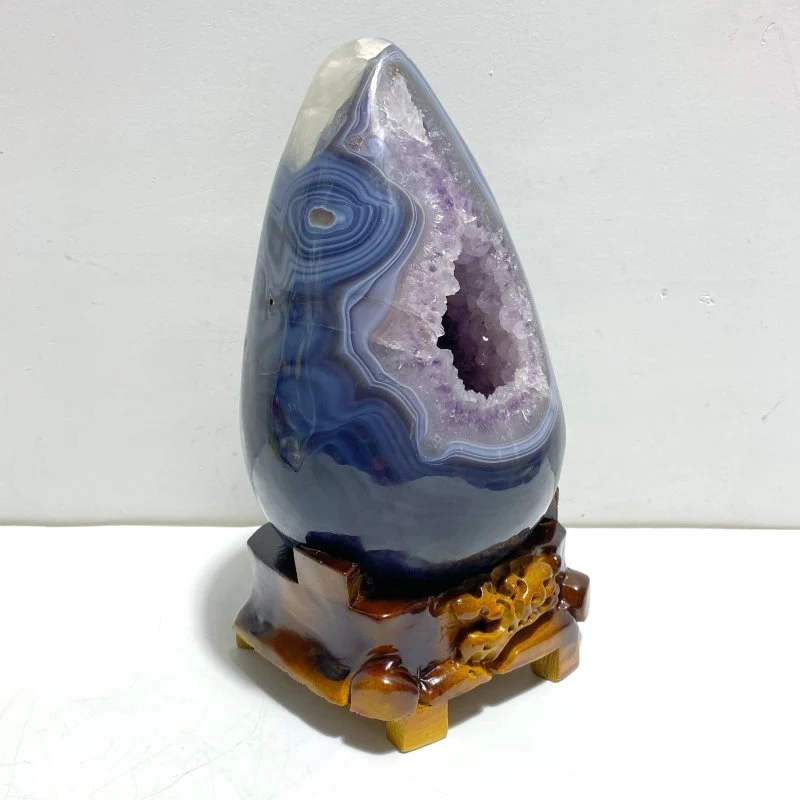 Unique Amethyst Mixed Geode Agate Calcite Dinosaur Egg Shape With Stand - Image 5