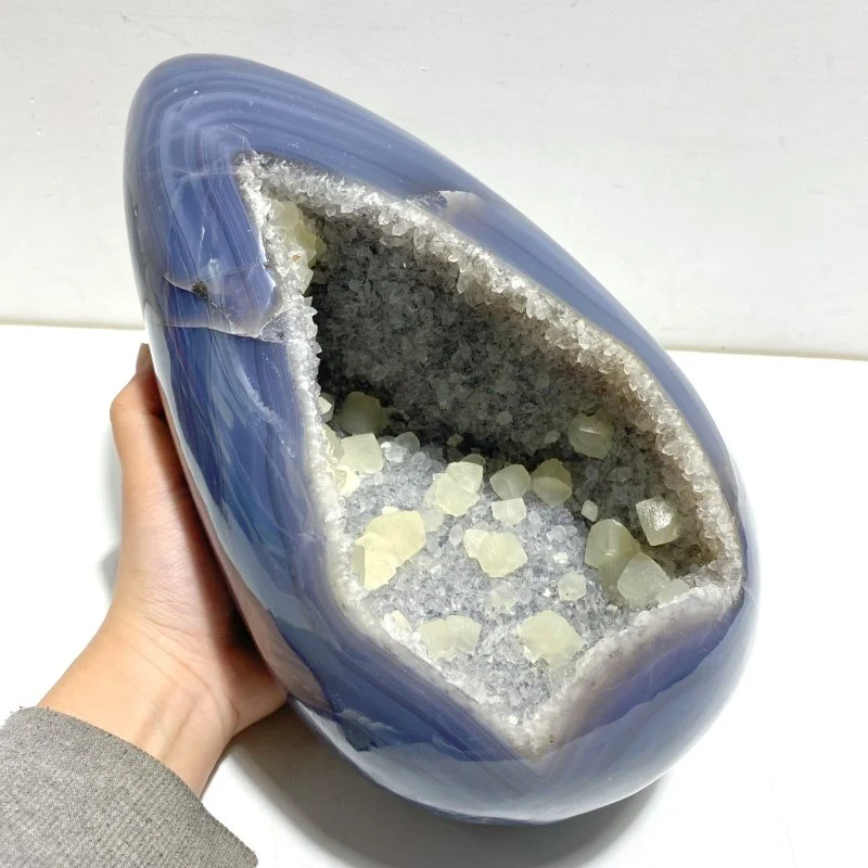 Unique Amethyst Mixed Geode Agate Calcite Dinosaur Egg With Stand - Image 4