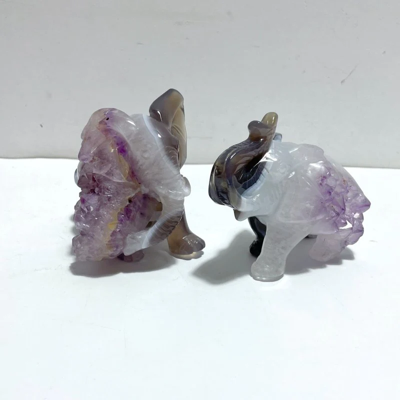 2 Pieces Amethyst Mixed Geode Agate Druzy Elephant Animal Carving #A09 - Image 2