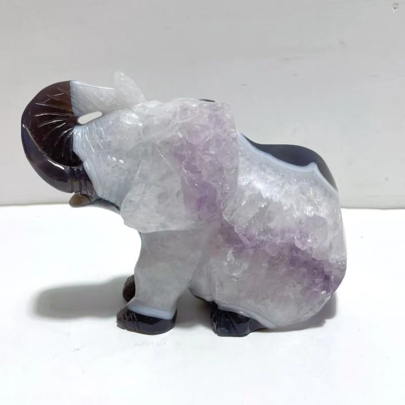 Unique Amethyst Mixed Geode Agate Druzy Elephant Animal Carving #A10