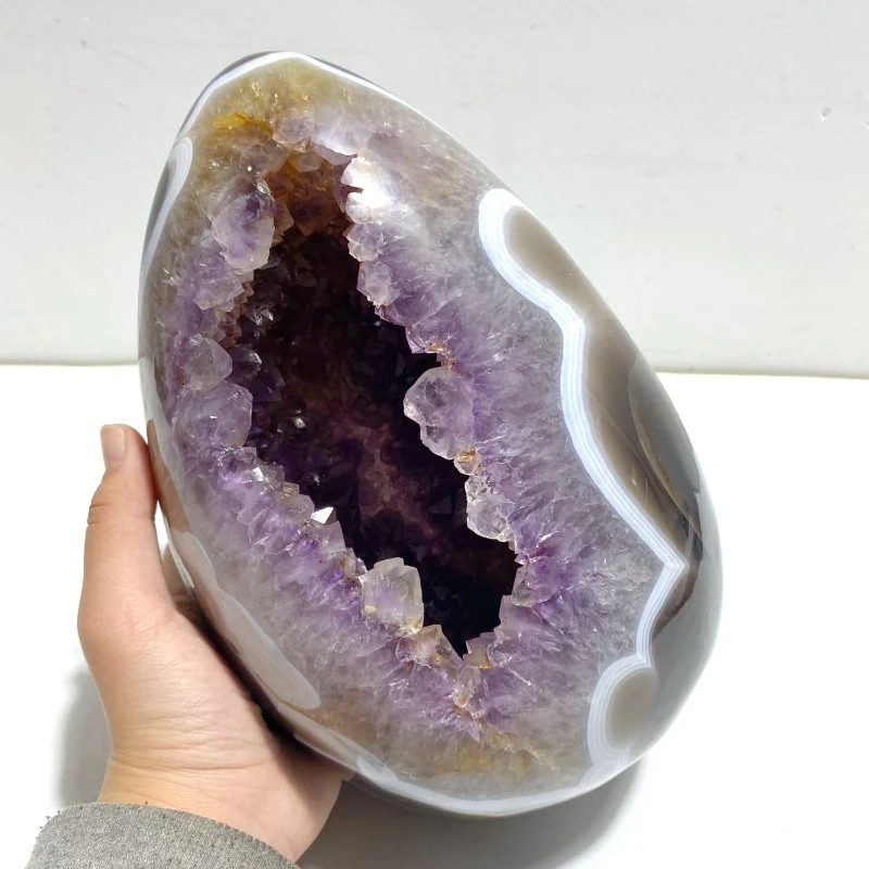 Unique Amethyst Mixed Geode Druzy Agate Dinosaur Egg Home Decor With Stand - Image 4
