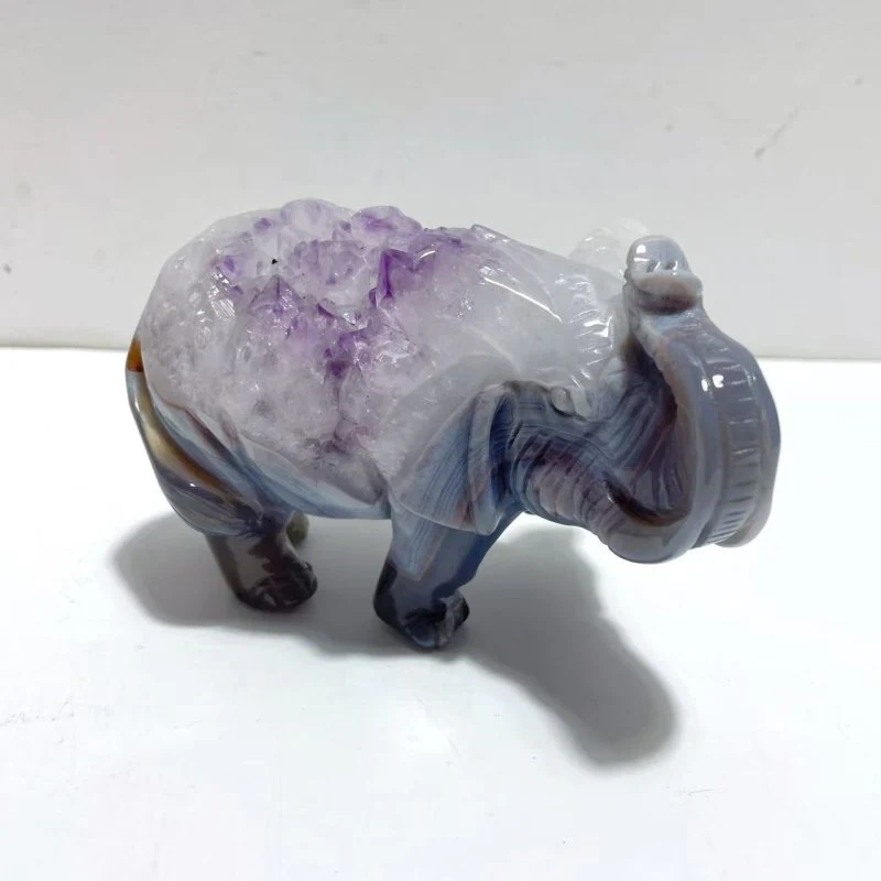 Unique Amethyst Mixed Geode Druzy Agate Elephant Animal Carving #A12