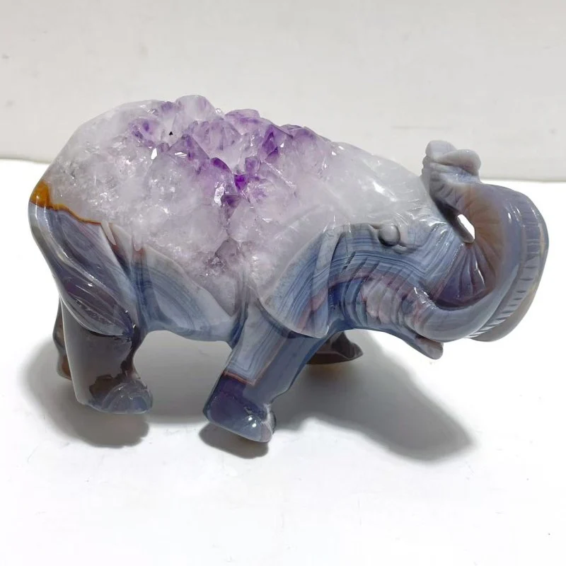 Unique Amethyst Mixed Geode Druzy Agate Elephant Animal Carving #A12 - Image 2