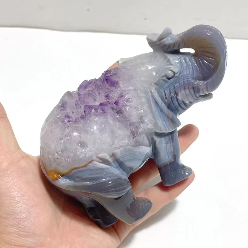 Unique Amethyst Mixed Geode Druzy Agate Elephant Animal Carving #A12 - Image 5