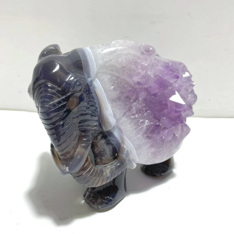Unique Amethyst Mixed Geode Druzy Agate Elephant Animal Carving #A15