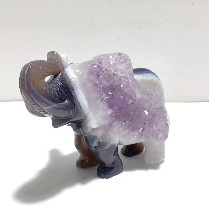Unique Amethyst Mixed Geode Druzy Agate Elephant Animal Carving #A16