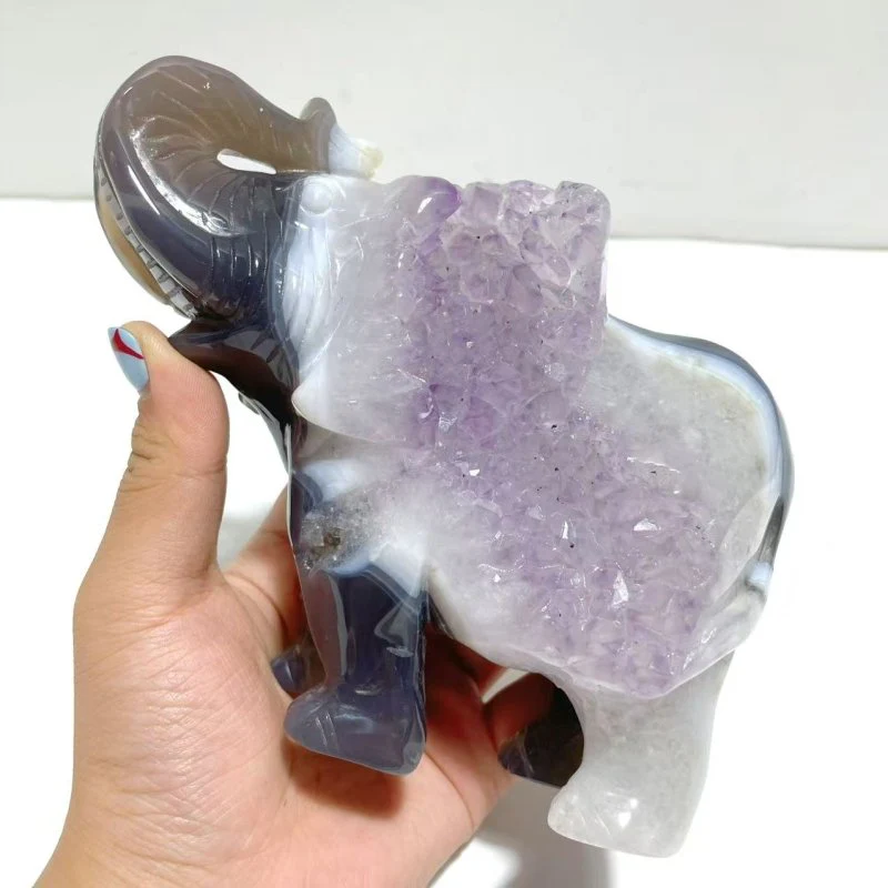 Unique Amethyst Mixed Geode Druzy Agate Elephant Animal Carving #A16 - Image 5