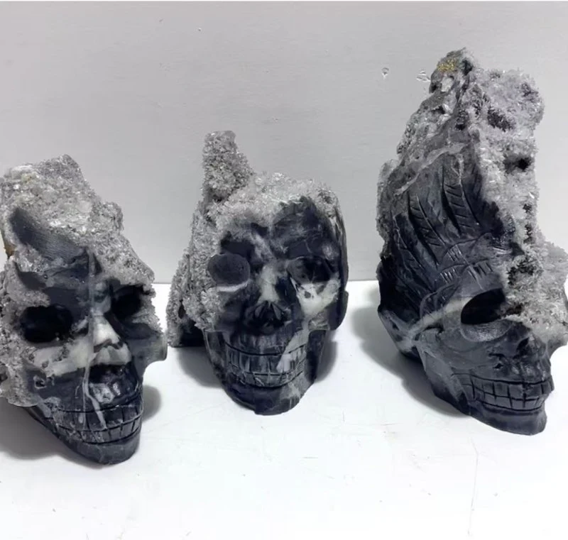 3 Pieces Black Clear Quartz Cluster Skull Carving - Image 4