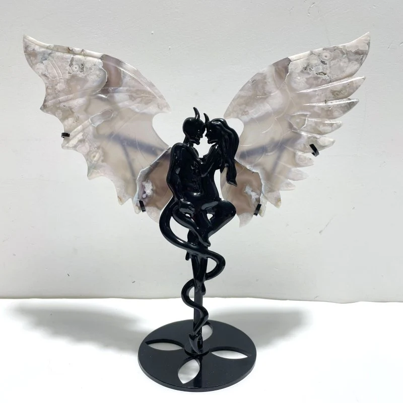 Unique Black Sakura Flower Agate Demon and Angel Wing Carving With Stand