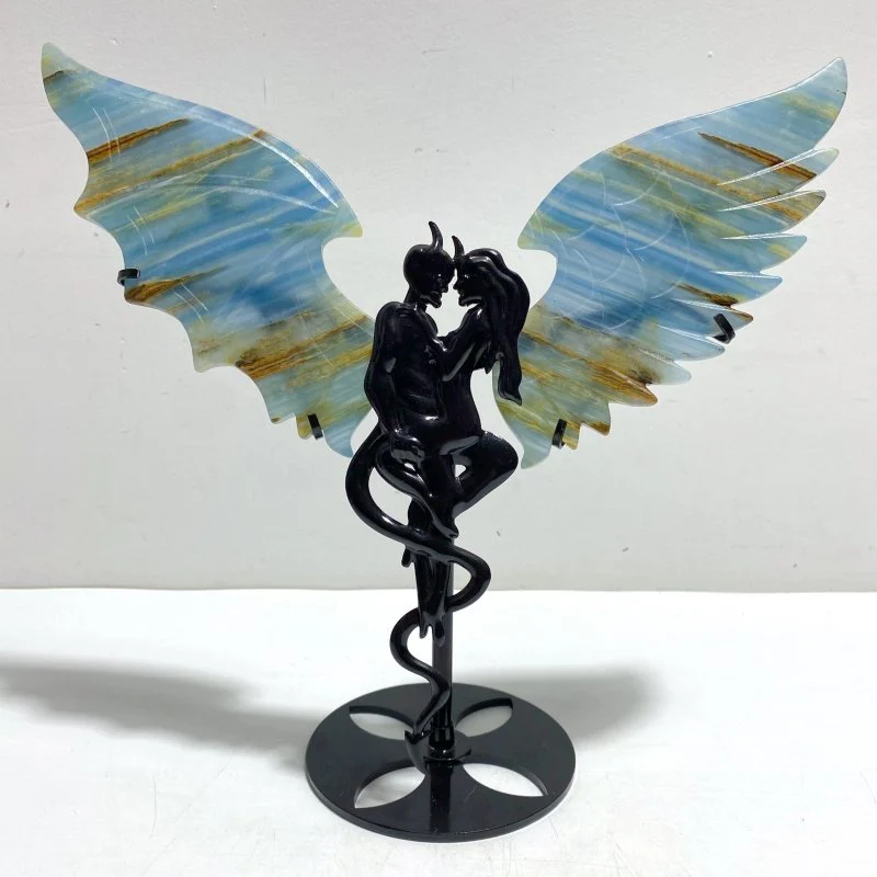 Unique Blue Onyx Demon And Angel Wing Carving With Stand