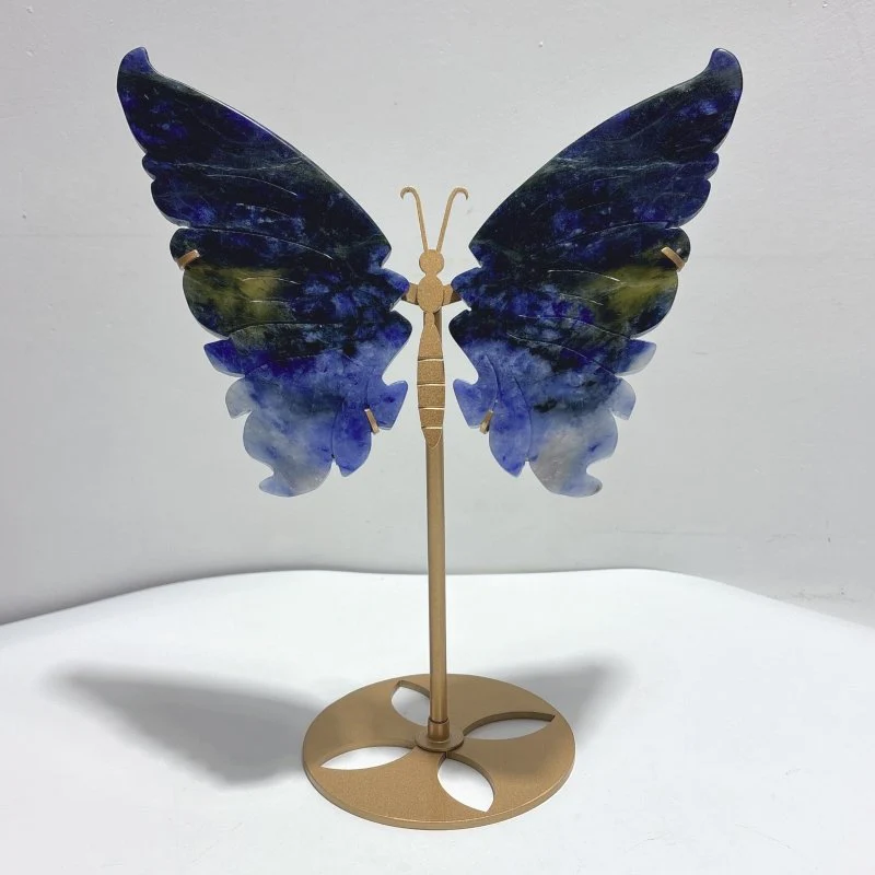 Unique Blue Sodalite Butterfly Wing Carving With Stand