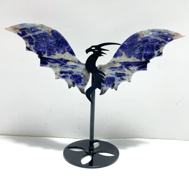 Unique Blue Sodalite Flying Dragon Wing Carving With Stand