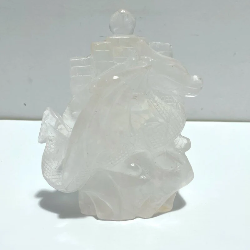 Unique Clear Quartz Flying Dragon Castle Carving