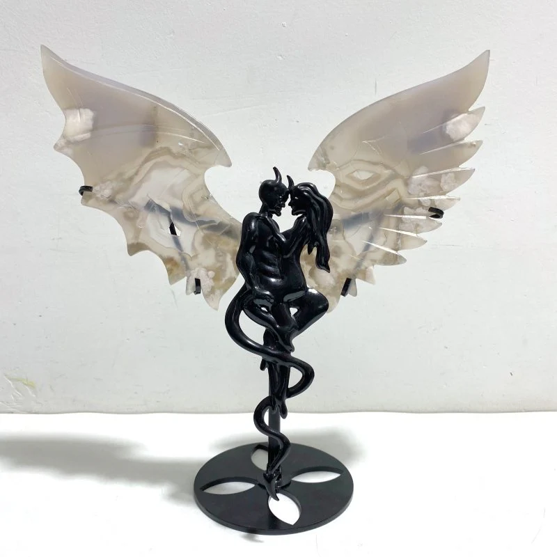 Unique Agate Demon And Angel Wing Carving With Stand
