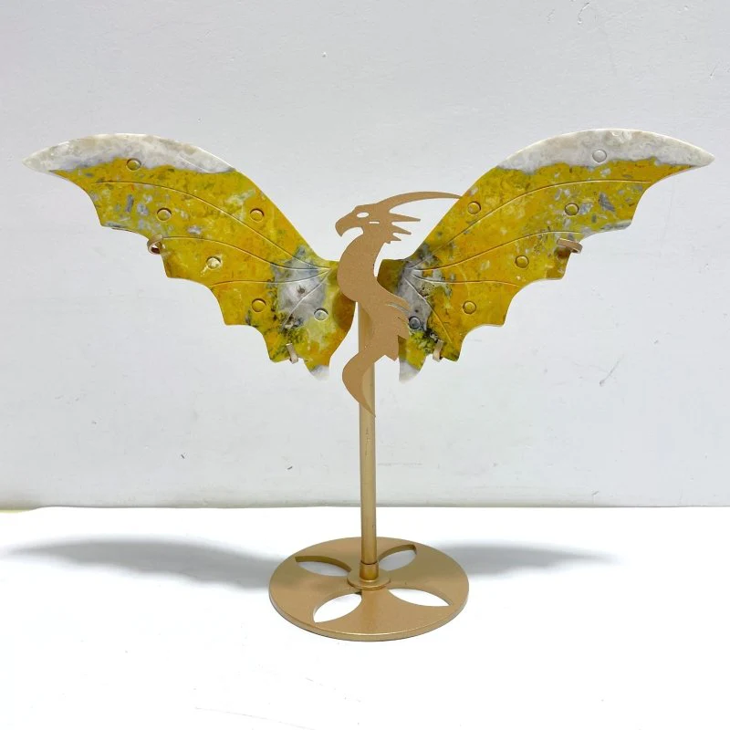 Yellow Bumble Bee Jasper Flying Dragon Wing Carving With Stand