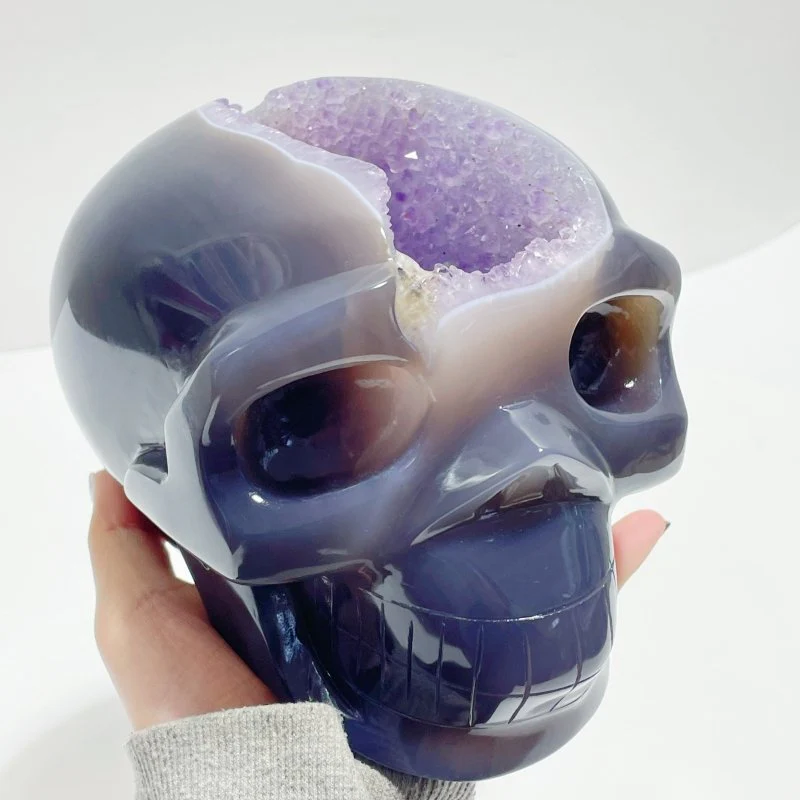 Unique Druzy Geode Amethyst Mixed Agate Large Skull Carving