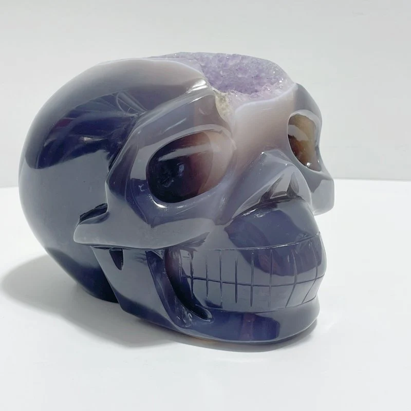 Unique Druzy Geode Amethyst Mixed Agate Large Skull Carving - Image 2