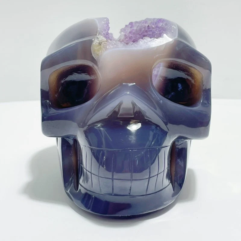 Unique Druzy Geode Amethyst Mixed Agate Large Skull Carving - Image 5