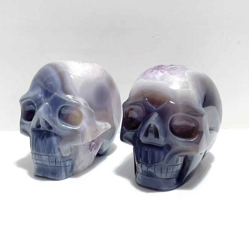 2 Pieces Druzy Geode Amethyst Mixed Agate Large Skull Carving