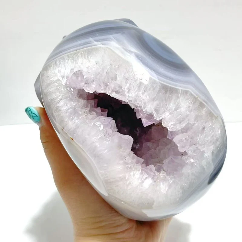 2 Pieces Druzy Geode Amethyst Mixed Agate Large Skull Carving - Image 5