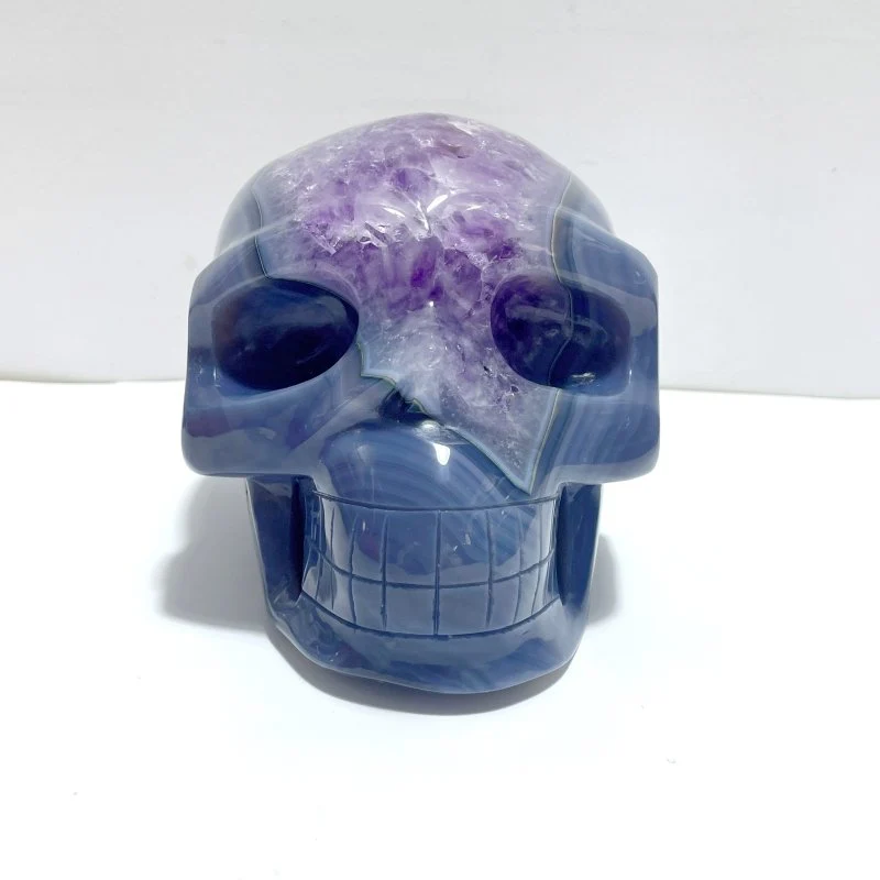 Unique Druzy Geode Amethyst Mixed Agate Skull Carving - Image 2