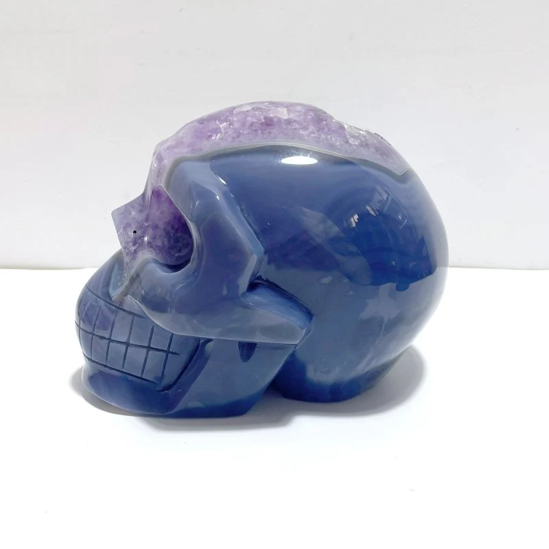 Unique Druzy Geode Amethyst Mixed Agate Skull Carving - Image 3