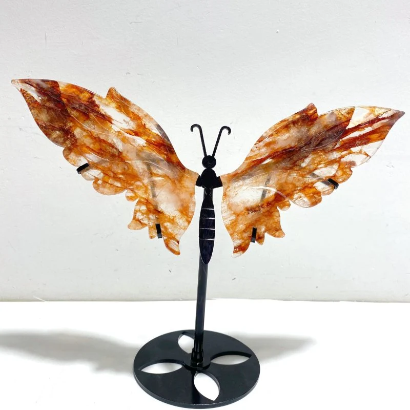Unique Fire Quartz Butterfly Wing Carving With Stand